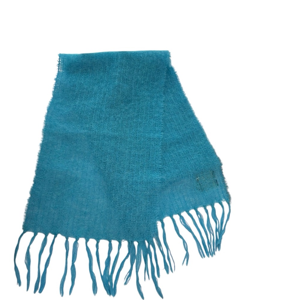 John Hanly Made in Ireland Bright Light Blue Artsy Knit Fringe Scarf Mohair Wool